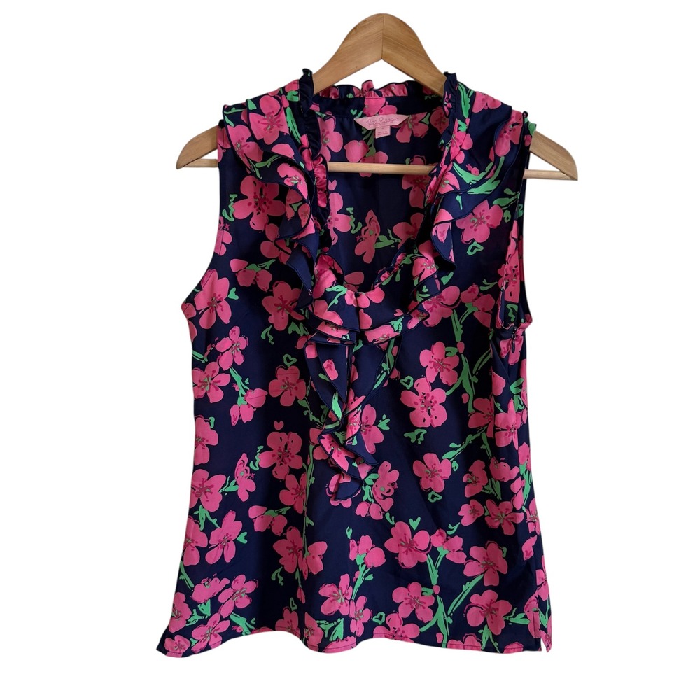 Lilly Pulitzer Ruffle Sleeveless Top Pink Floral‎ Blouse Size Small